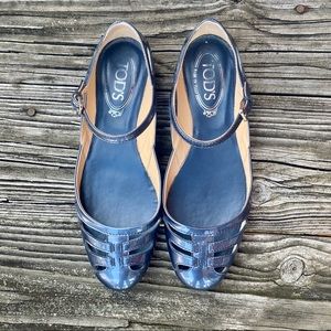 Tod’s Teal Patent Cutout Ankle Strap Ballet Flats